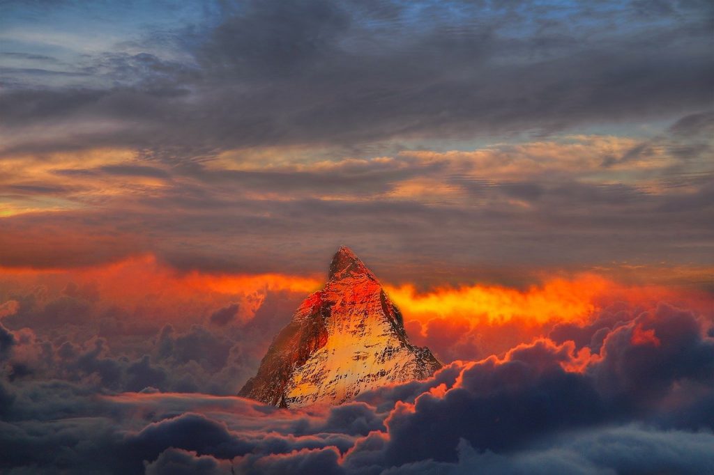 sunset, mountain, clouds